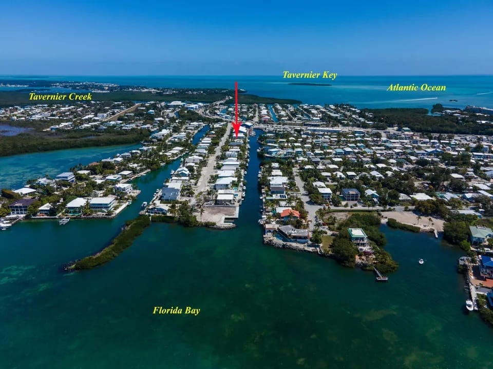 Aerial view of Islamorada island town and waterways